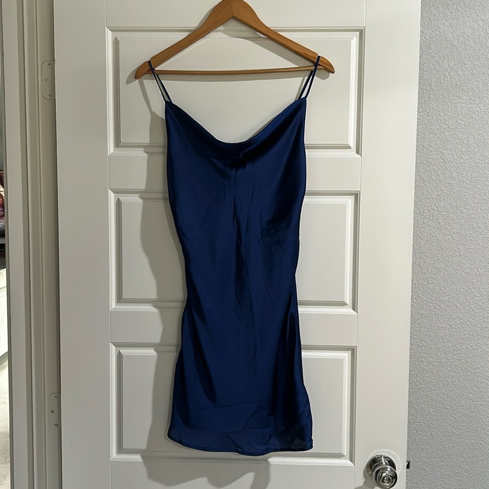 Satin Navy blue cowl neck mini dress